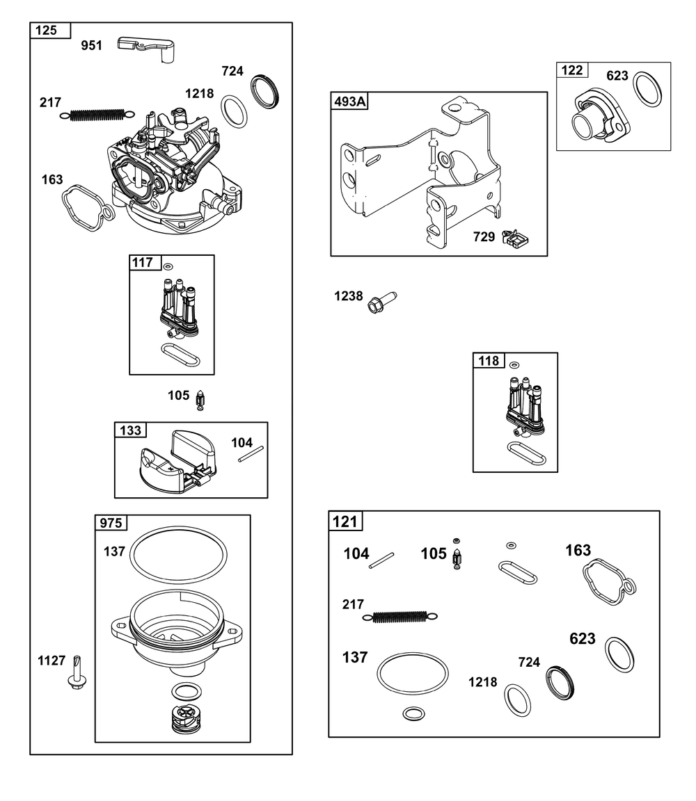 Carburetor Group Diagram and Parts List for 115P02-0015-F1 100000 - 19Z999 Briggs and Stratton Engine